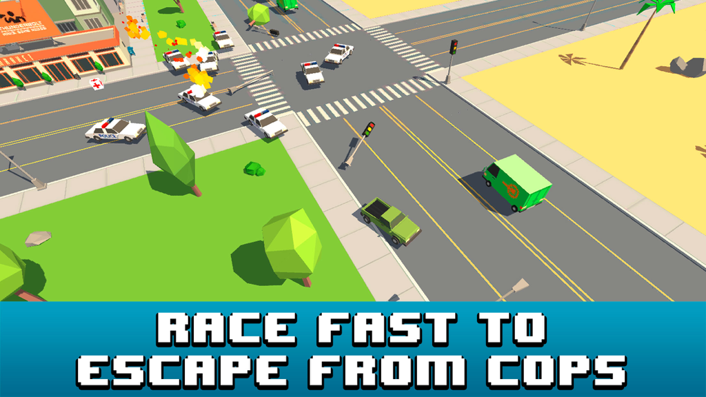 Smashy Car Race 3D: Pixel Cop Chase - A green pixel car being chased by multiple police vehicles in a blocky voxel city environment with text saying Race Fast to Escape From Cops.