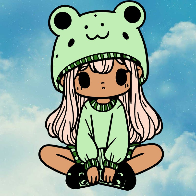 a girl wearing a frog hat and some frog socks