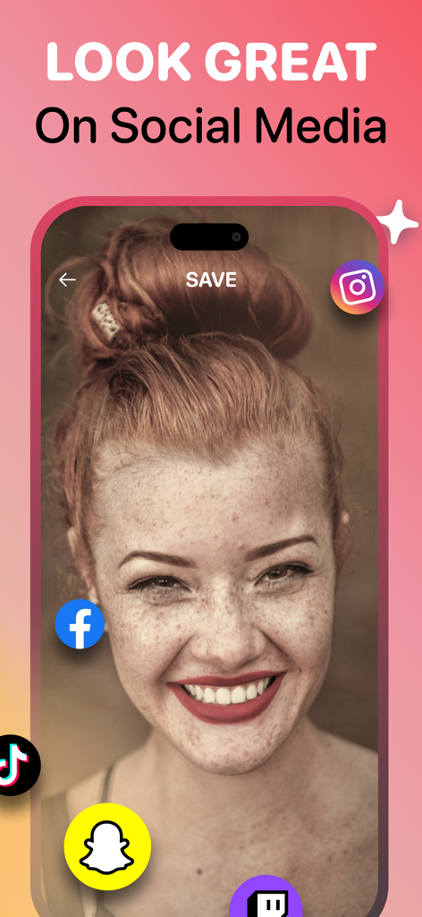 Boomerang - Video Loop Maker - Uma mulher sorrindo em uma tela de smartphone com ícones de mídia social para Instagram, TikTok e Snapchat