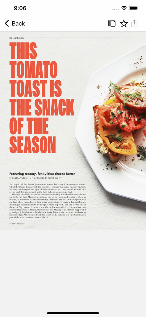 Bon Appetit - Articolo della rivista digitale dall'app Bon Appetit con una ricetta stagionale di pane tostato al pomodoro