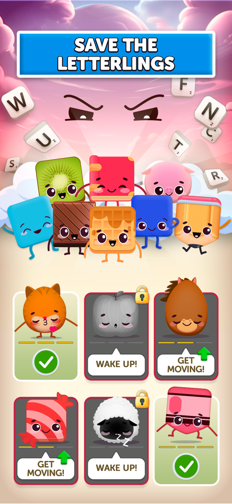 Wordopoly mobile game screen showcasing colorful Letterlings and character collection cards