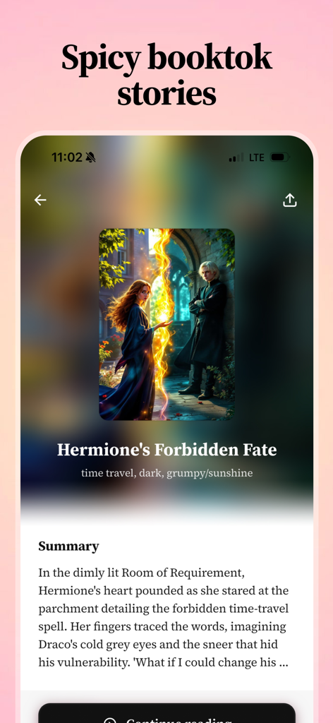 Tease: Spicy Romantic Fiction - Mobile Benutzeroberfläche der Tease App, die eine verführerische Romanze-Geschichte mit BookTok-Tropen zeigt.