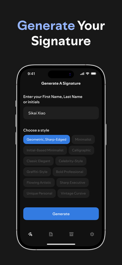 Sign AI - Signature Maker Pdf - Interfaz de la app Sign AI mostrando la entrada del nombre y múltiples opciones de estilos de firma profesionales