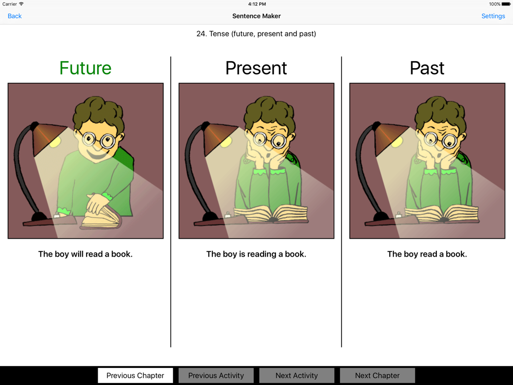 Sentence Maker App - Pantalla educativa de la App Creador de Oraciones enseñando tiempos verbales futuro, presente y pasado a través de un niño leyendo un libro.