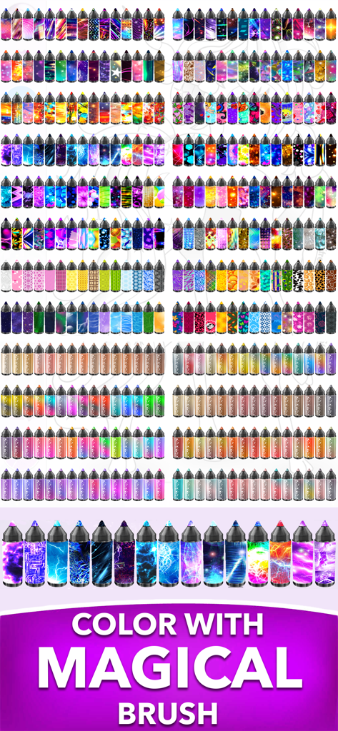 Large selection of magical coloring brushes with unique patterns and gradients.