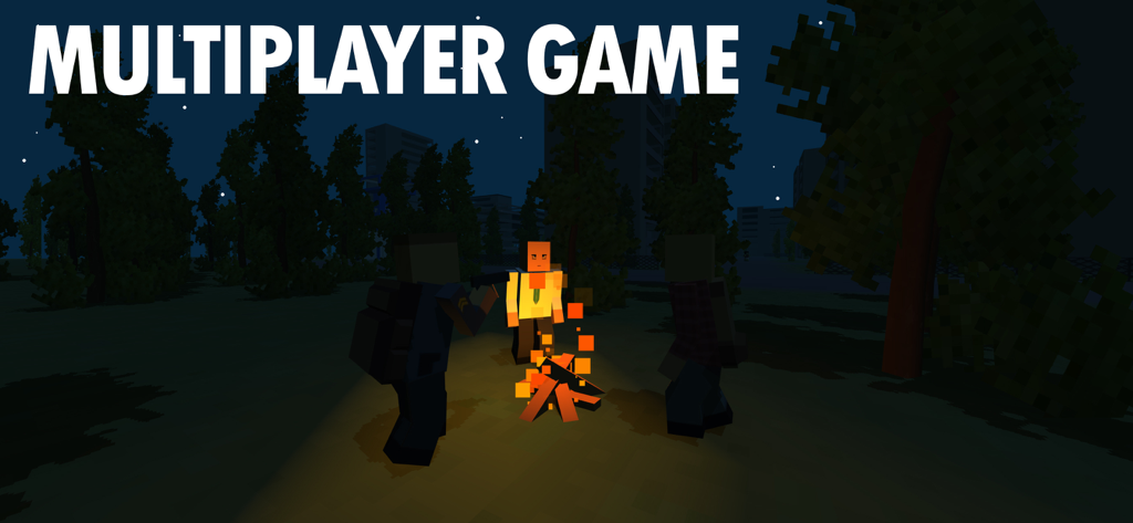 Blocky characters gathered around a campfire at night in WithstandZ multiplayer mode