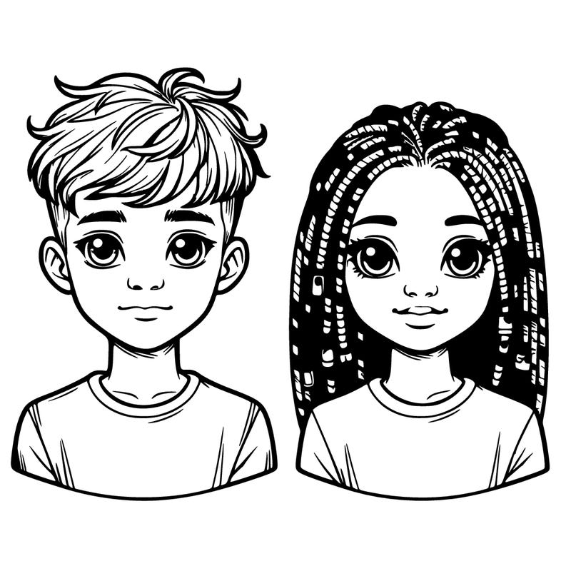 realistic boy with short dreds and girl with straight hair