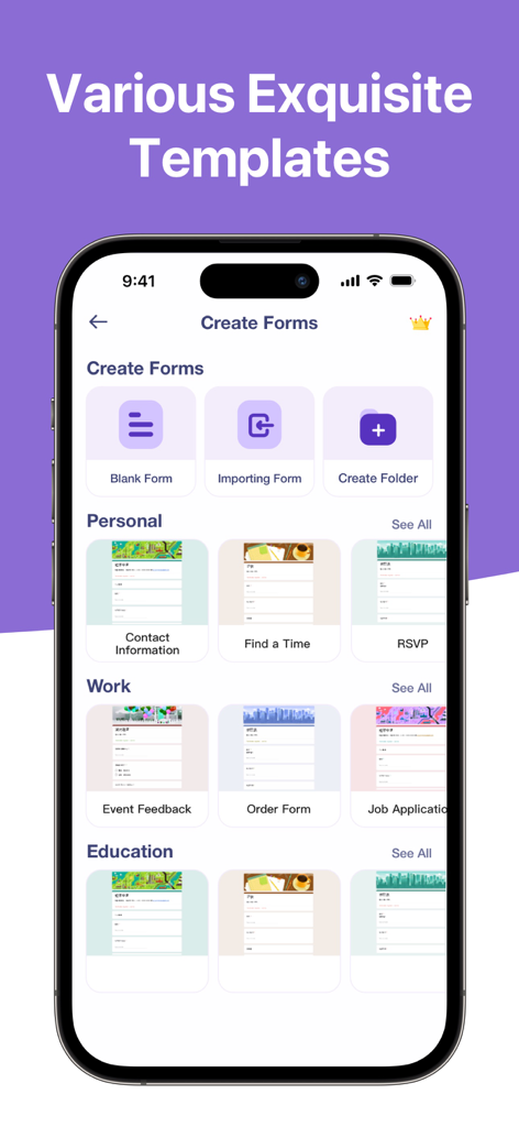 Forms App: Create Form & Quiz - Pantalla móvil que muestra una variedad de plantillas de formularios profesionales para categorías personales, laborales y educativas en la aplicación Forms.