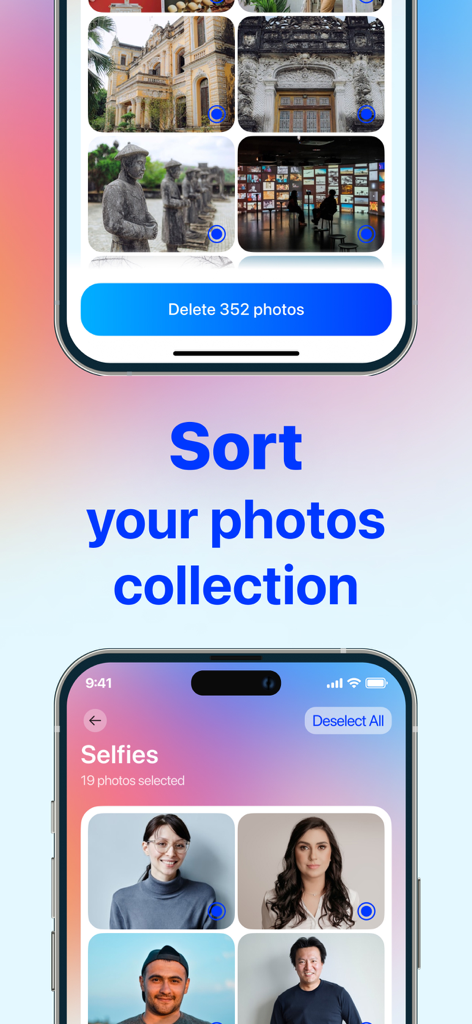 Interfaz de la aplicación Purix que muestra la clasificación de colecciones de fotos y las funciones de eliminación por lotes