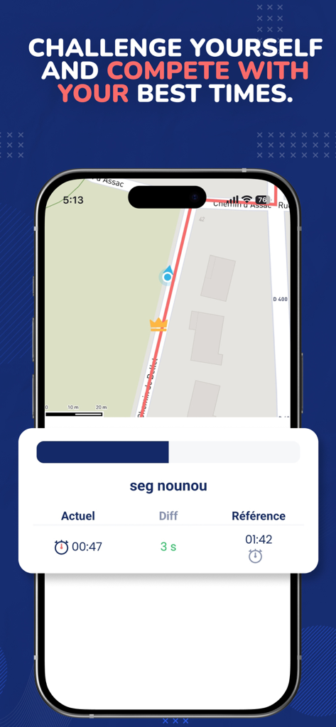 Bike GPS Navigation & Tracker - Smartphone screen showing a cycling segment challenge with live performance comparison and map navigation