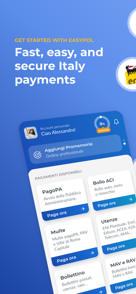 Easypol - PagoPA e Bollo auto - Interfaz de la aplicación móvil Easypol que muestra varias opciones de pago italianas como PagoPA e impuesto de circulación