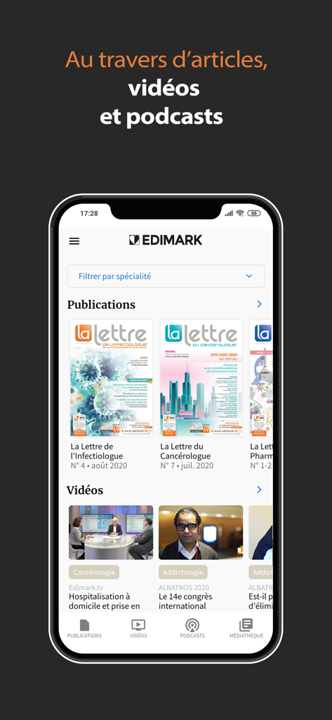 Edimark - Edimark mobile app interface displaying medical journals and clinical research videos