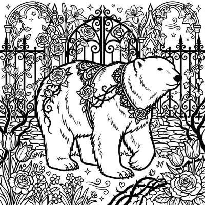 Step into a darkly enchanting spring scene with this unique coloring page featuring a majestic polar bear amidst gothic architecture and blooming flowers. This intricate design offers a creative escape, blending delicate flora with mysterious elegance.