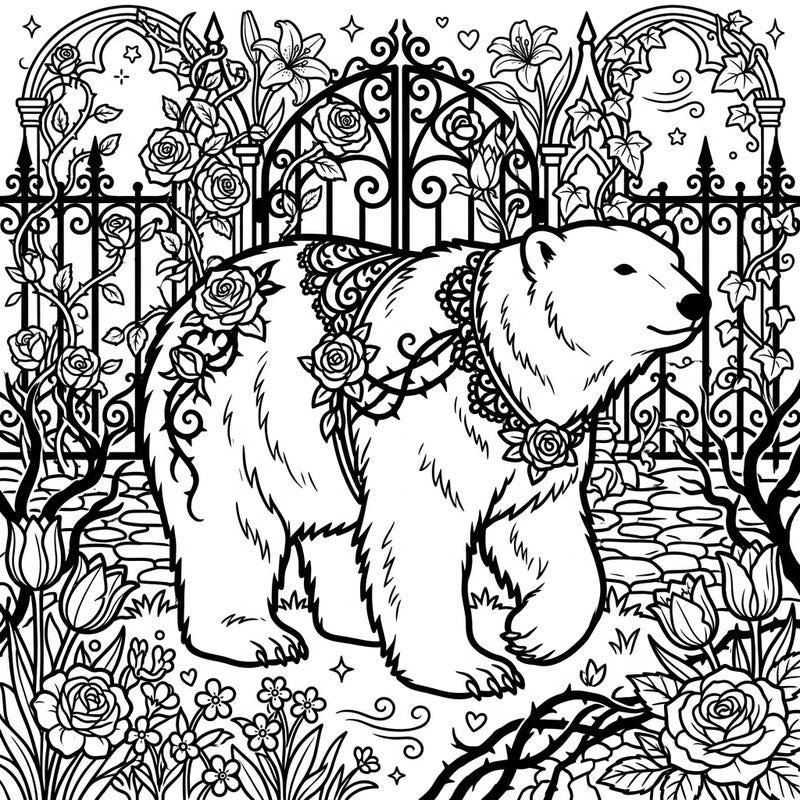 Step into a darkly enchanting spring scene with this unique coloring page featuring a majestic polar bear amidst gothic architecture and blooming flowers. This intricate design offers a creative escape, blending delicate flora with mysterious elegance.