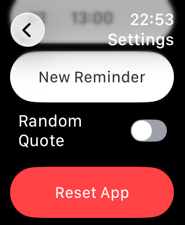 Settings screen of the HardSet Apple Watch app with options for reminders and random quotes.