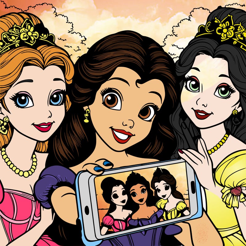 fairytale princesses who take a selfie together realistic