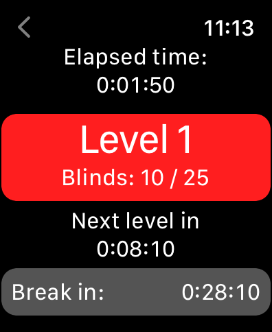 Heads up! - Poker Blind Timer - Apple Watch interface for a poker blind timer showing current level, blinds, and time remaining
