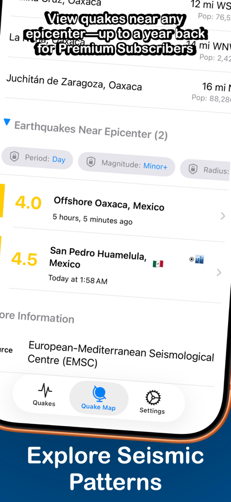 QuakeInfo: Seismic Monitoring - Interfaccia dell'app QuakeInfo che mostra schemi sismici e dati storici sui terremoti vicino a un epicentro.
