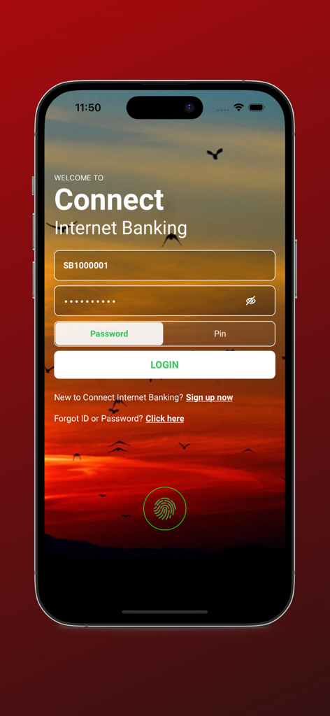 Connect Internet Banking - Pantalla de inicio de sesión de la aplicación Connect Internet Banking de Shimanto Bank Limited con campos seguros para ID y contraseña