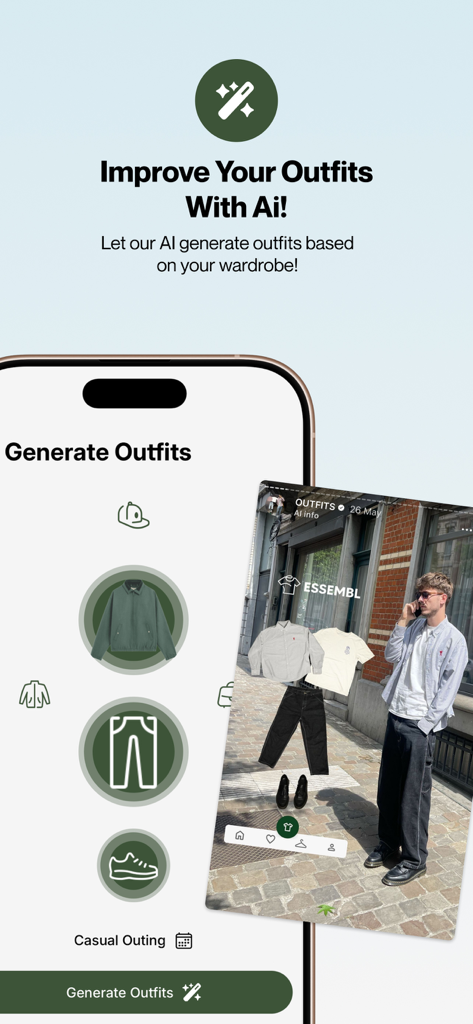 A smartphone showing the Essembl app interface for generating outfits with AI based on a digital wardrobe.