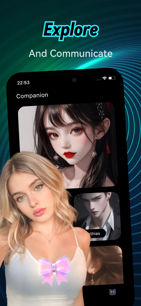 Lulive app explore screen showing various AI companion profiles for social interaction and emotional support.
