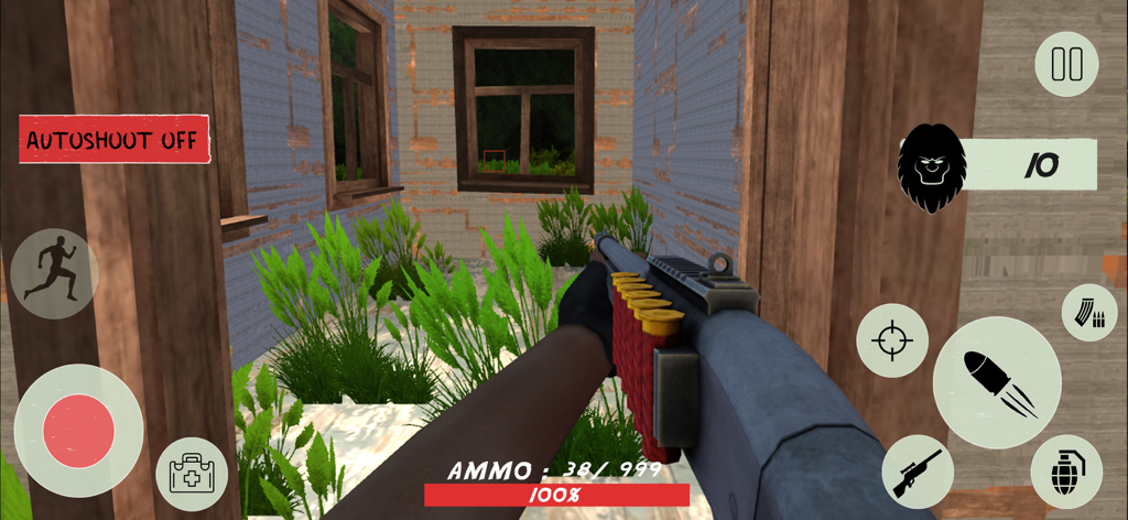 Gorilla Games Giant  Monster - Vista en primera persona de un jugador sosteniendo una escopeta dentro de un edificio en ruinas con controles del juego