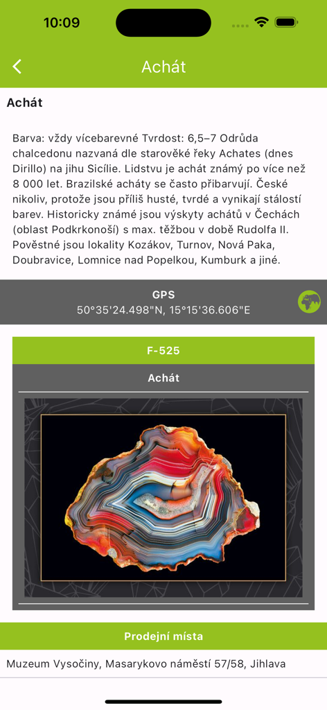 Wander Book - Detailed view of a tourist sticker for an Agate stone in the Wander Book app including a photograph and GPS coordinates.