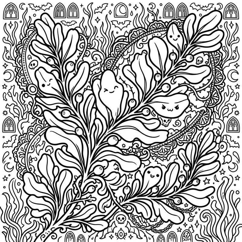Explore the fascinating world where marine life meets adorable darkness with our unique Sargassum coloring page. This intricate Kawaii Gothic design combines charming seaweed elements with a mysteriously elegant touch, perfect for a captivating coloring session.