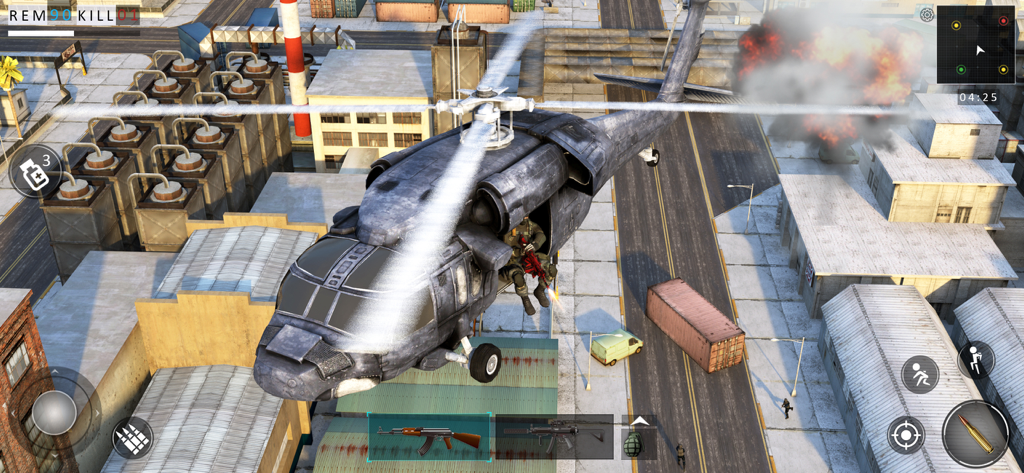 FPS Kuboom Counter Strike 3D - A military helicopter flying over an urban combat zone in FPS Kuboom Counter Strike 3D.