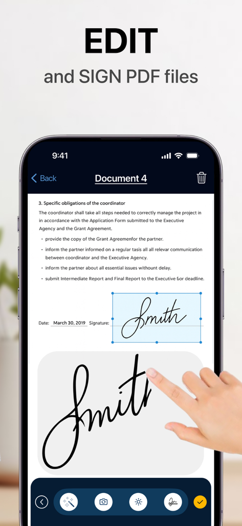 Scan photo to PDF & Sign Docs - Mano che disegna una firma su un documento digitale su uno schermo di iPhone.