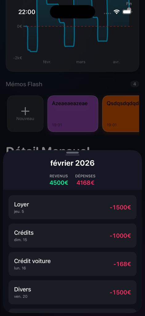 JetMoney mobile app displaying monthly budget details and expenses in dark mode