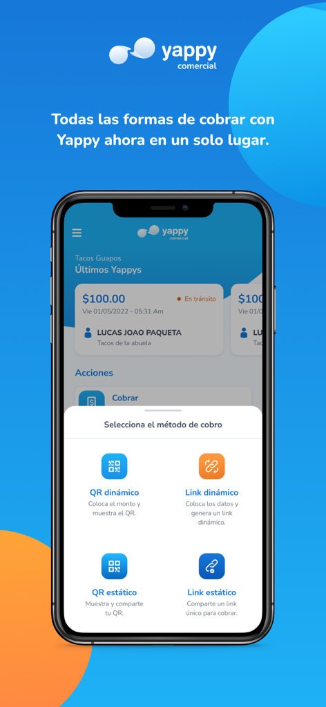 Yappy Comercial - Yappy Comercial app screen displaying QR code and payment link options for business collections