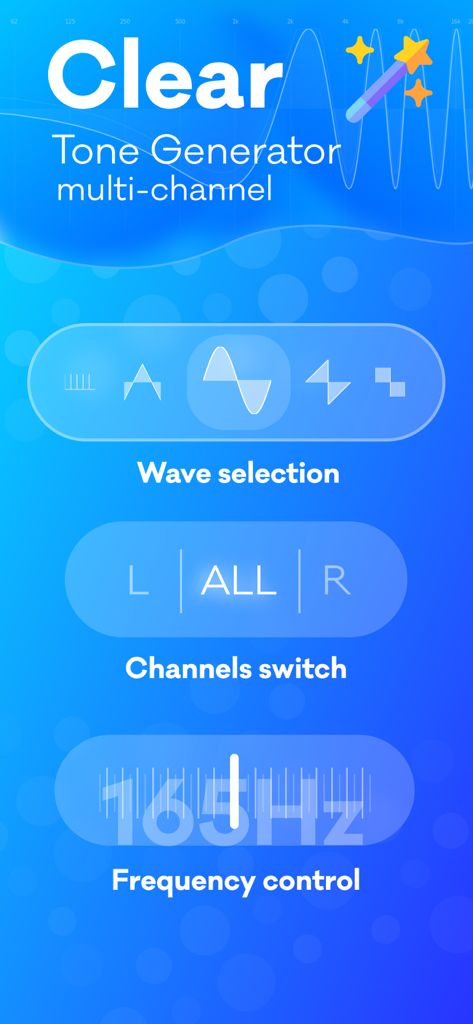 Speaker Wizard app interface featuring wave selection and multi channel frequency control