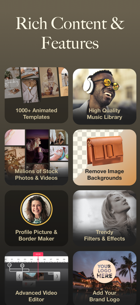 애니메이션 템플릿, 음악 라이브러리, 배경 제거, 동영상 편집 도구 등 Shox 앱 기능 쇼케이스