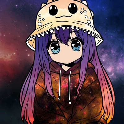 girl with anime shaped eyes with a dinosaur bucket hat oversized sweatshirt long straight hair