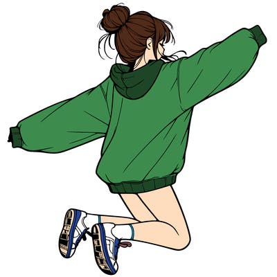 realistic girl jumping with a bun and oversized sweatshirt