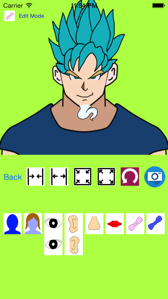 CharacterMaker for Dragon Ball - Interface of the character creator app showing a custom Dragon Ball character with blue hair and various editing tools.