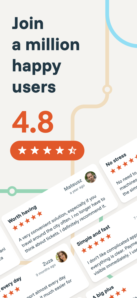 zBiletem - bilety komunikacji - A display of the zBiletem app showing a 4.8 star rating and several positive customer reviews