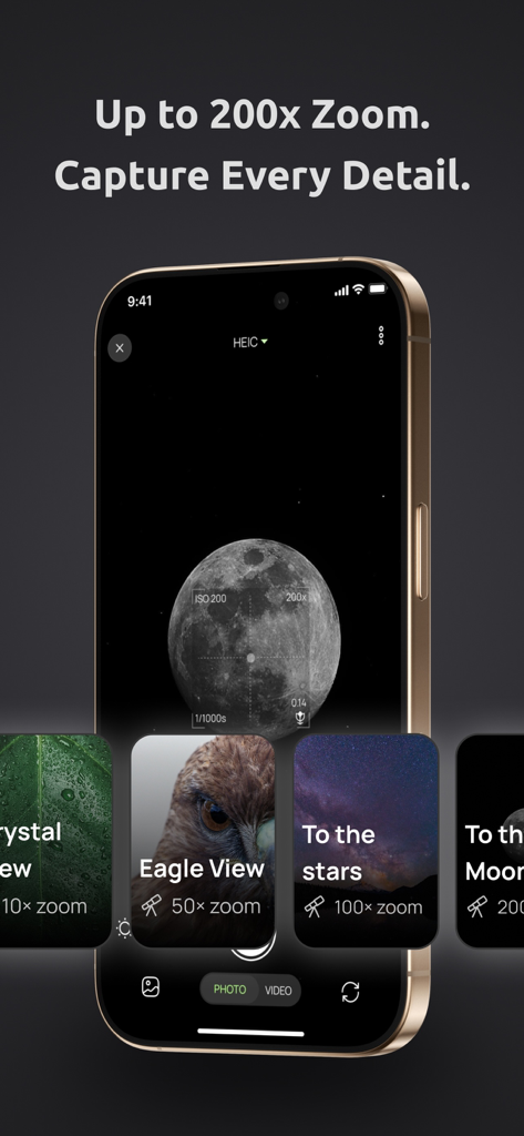ZoomX : Super Zoom Camera - 프리셋 옵션과 함께 달에 200배 줌을 보여주는 ZoomX 카메라 앱 인터페이스