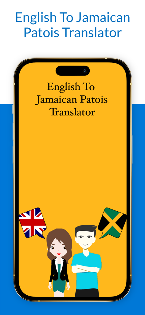 English Jamaican Patois Trans - Graphic showing an English to Jamaican Patois translator app with two characters and flags representing the languages.