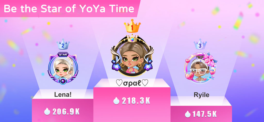 YoYa Time: Build, Share & Play - YoYa Time のリーダーボード。3人のカスタマイズされた女性アバターがピンクの表彰台に立ち、ランキングとスコアが表示されている。