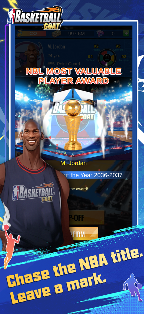 A basketball player winning the NBL Most Valuable Player award in the Basketball GOAT simulation game