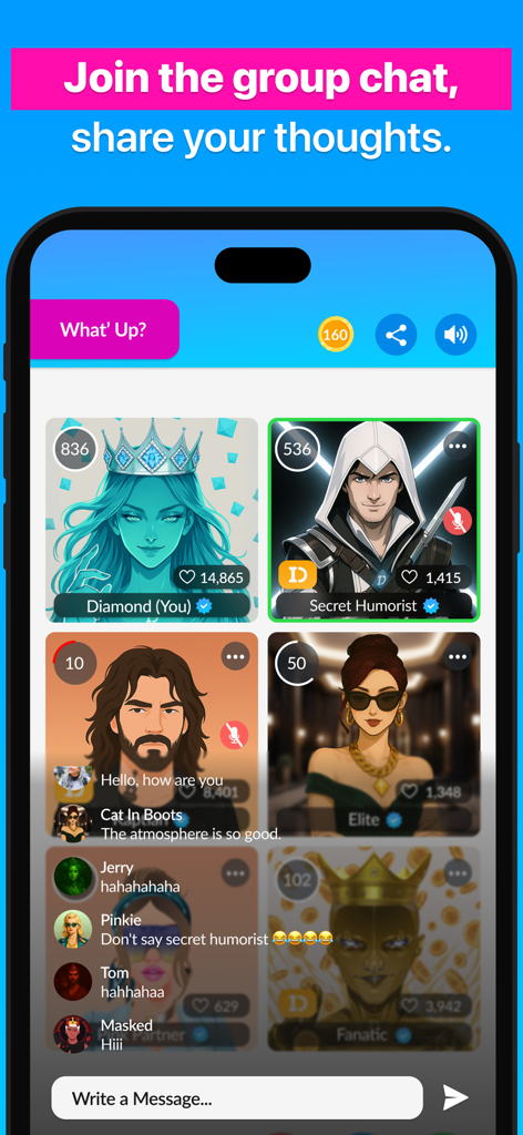 BlindID: Live & Group Chat - BlindID mobile app screen showing a live group chat room with user avatars and messages