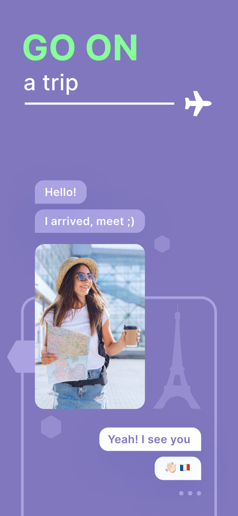 Interface do aplicativo TourBar mostrando um chat entre viajantes se encontrando em Paris com a foto de uma mulher segurando um mapa