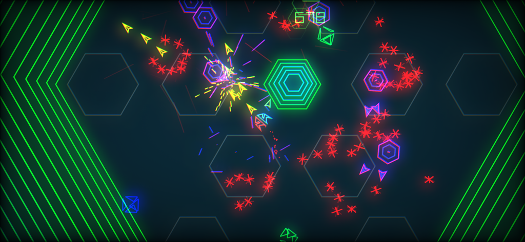PewPew Live - Intense neon vector gameplay featuring geometric shapes and colorful explosions in an arcade shooter.