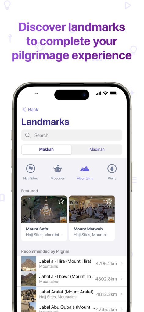 La pantalla de guía de puntos de referencia de The Pilgrim App presenta categorías como sitios de Hajj y mezquitas con una lista de lugares históricos en La Meca y Medina.