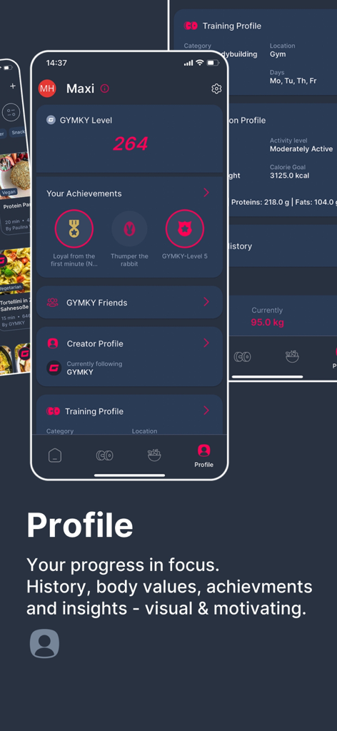 GYMKY - Fitness & AI Nutrition - GYMKY app profile dashboard displaying user level achievements and training history