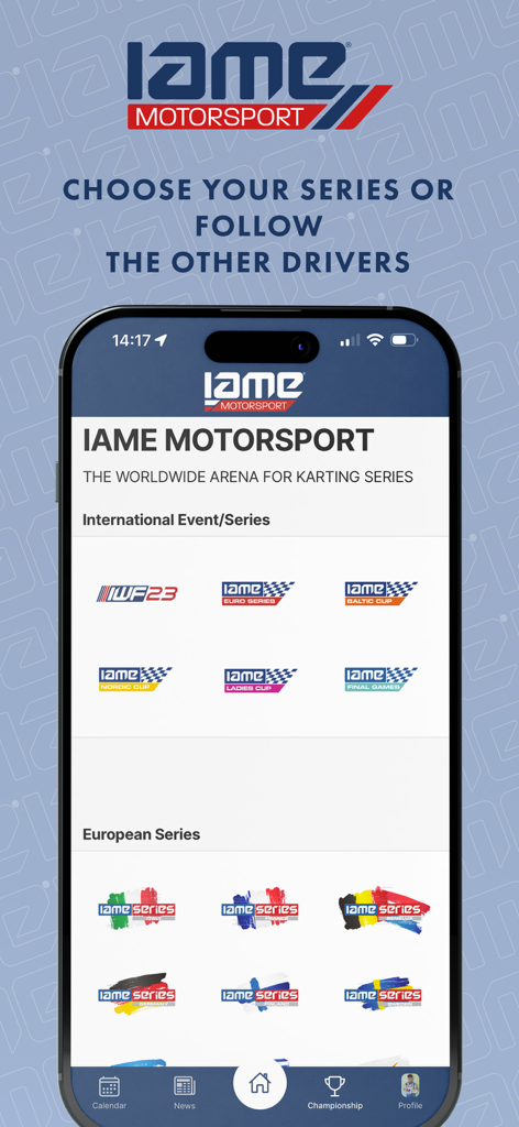 IAME Motorsport - IAME Motorsport app home screen showing international and European karting series selection