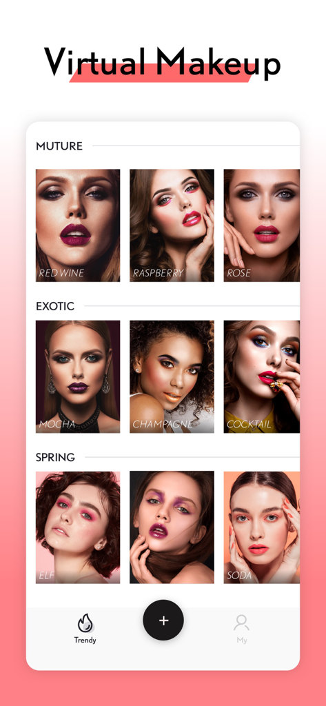 LOOX App-Oberfläche, die ein Raster verschiedener virtueller Make-up-Stile wie Red Wine, Champagne und Soda zeigt.