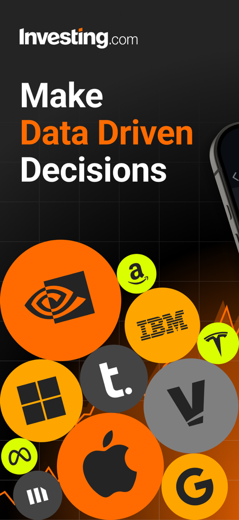 Investing.com: Stock Market - Investing.com app promotional screen featuring major tech stock logos and the headline Make Data Driven Decisions.